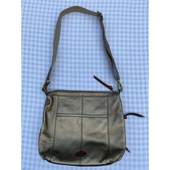 FOSSIL Morgan Traveler Gold  Pebbled Leather Crossbody Shoulder Bag Compartments - Picture 3 of 6